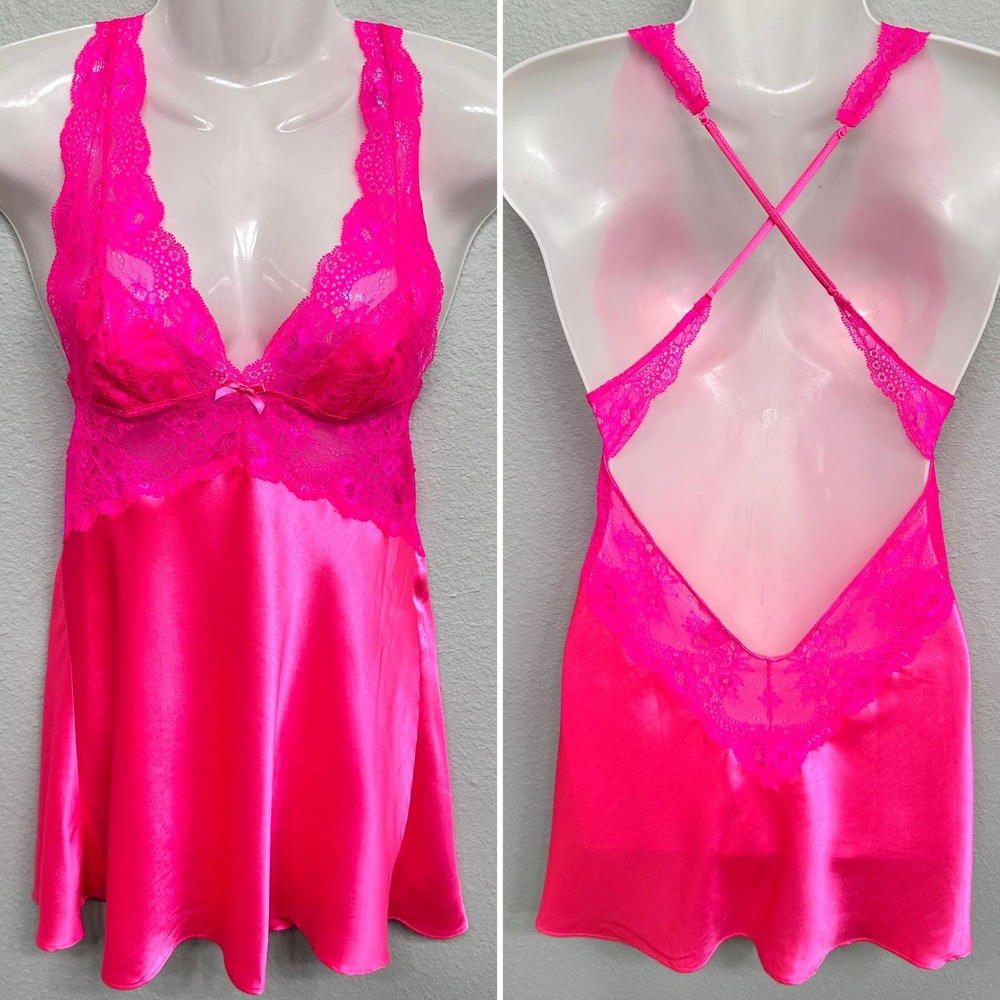 VICTORIAS SECRET SATIN AND LACE PLUNGE SLIP DRESS HOT PINK WOMENS SIZE SMALL
